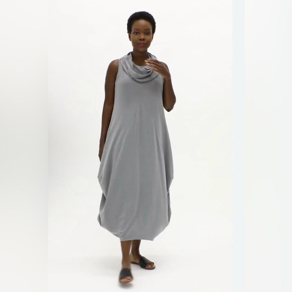 Sympli Gray Sz 12 Long Sleeveless Cowl Neck Dress Pockets Bubble Hem Lagenlook